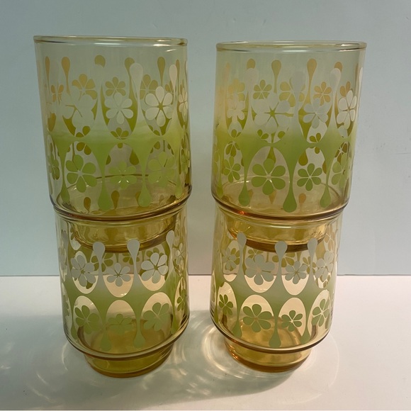 MCM VTG Libbey Yellow Glass Retro Daisy Tumblers Set of 4 White Green Glasses - Picture 2 of 7